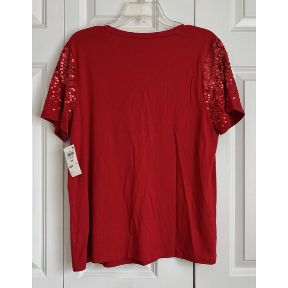 INC INTERNATIONAL CONCEPTS WOMEN'S TOPS RED SEQUIN V-NECK SHORT SLEEVE PULL ON - Picture 4 of 6